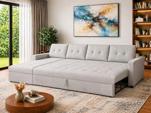 Image of Emilio 6 Seater LHS L - Shape Pull-Out Sofa Cum Bed Sofa for Living Room (Grey Fabric Color) Premium Fabric Sofa Set for Living Room Sofa Cum Bed
