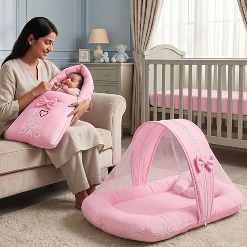 Image of Fareto Combo of Baby Bed with Net | Carry Bag | 4 Pcs Bedding Set (0-6 Months, Baby Size, Cotton) (Pink M)