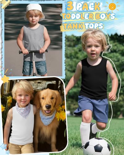 Image of Yooo's Vivi 3 Pack Toddler Boys Tank Tops | Toddler Boys Undershirts, 18M-5T, Sleeveless Muscle Shirt, Kids Athletic Tops, Crewneck, Summer, Loose, Basic, Sport, Play