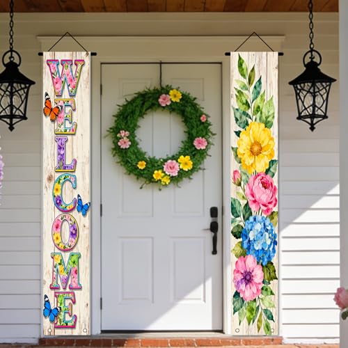 Image of Nuxovilar Welcome Floral Butterfly Door Banner Polyester 70x12 In