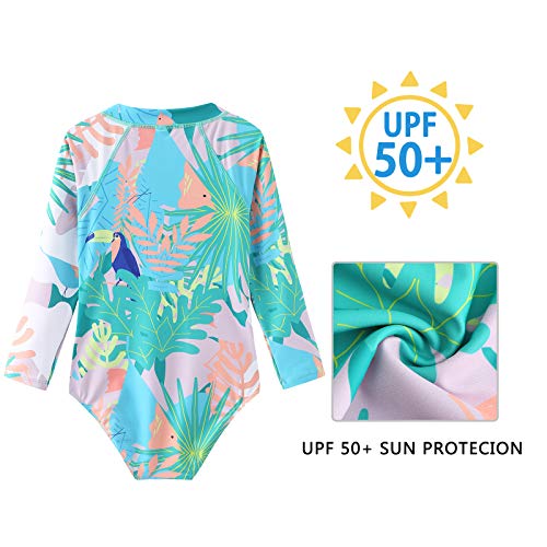 Image of Moon Tree Girls One Piece Swimsuits Long Sleeve Rash Guard Zipper Front Bathing Suit UPF 50+