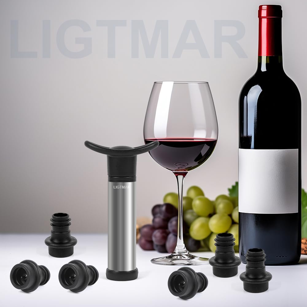Bomba ahorradora de vino con 6 tapones de vino al vacío, conservador de botellas de vino mantiene el vino fresco, corchos de vino de silicona de grado alimenticio para cualquier botella de 6