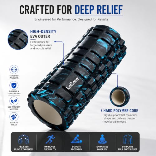 Image of LeCore High Density EVA Foam Roller 30cm for Deep Tissue Massage, Muscle Recovery, Back Pain Relief, Yoga & Physiotherapy | Trigger Point Massage Roller for Stretching, Gym Workout & Fitness | Blue Black Marble