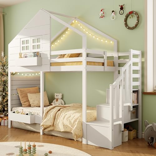 LAKFEW Litera de 90x200 cm Cama Alta con Escalera de Almacenaje y Diseño de Casa, Cama Infantil con Ventana y Protección Anticaída, Litera Infantil con Marco de Madera, Blanco, Sin Colchón