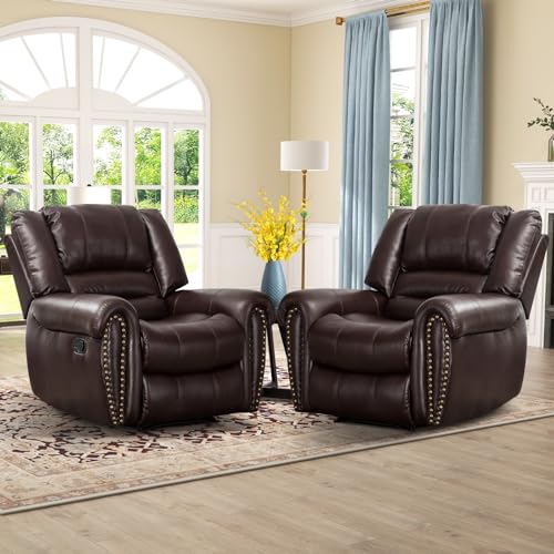 Image of CANMOV Leather Recliner Chair Set of 2, Classic and Traditional Manual Recliner Chair with Comfortable Arms and Back,Manual Single Recliner Sofa for Living Room, Brown