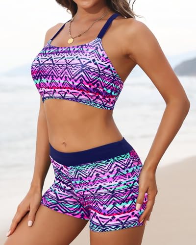 Image of Aqua Eve 3 Piece Tankini Swimsuit for Women Tank Bathing Suit with Shorts Open Back Athletic Swimwear
