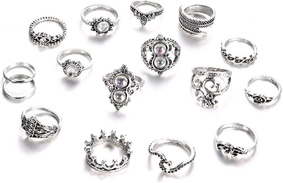 16pcs Vintage Women's Boho Crystal Ring Silver Joint Knuckle Rings Set Tiara Stacking Jewelry Rings for Women and Girls