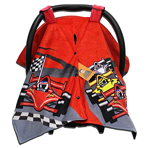 Image of Dear Baby Gear Car Seat Cover for Boys & Girls - Baby Carseat Canopy w /Snap Opening - Infant Seat Cover - Stroller & Nursing Covers - Newborn Carrier Canopy - 40x30 inch (Race Car Print - Smooth Black)