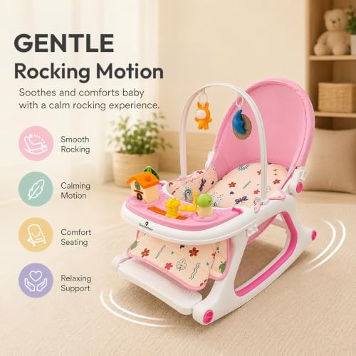 Image of StarandDaisy Dreamy Baby Rocker Chair with Play Tray, Mosquito Net & Toy Bar | Adjustable Recline, 3-Point Safety Harness | Infant Rocking Seat, Feeding Chair for Newborns & Toddlers 0-3 Years (Pink)