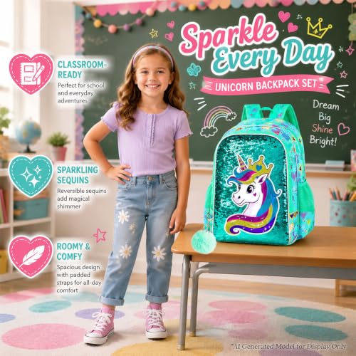 Image of 3Pcs Unicorn Backpack for Girls, 16 inch Sequin Bookbag Set for Kids, Elementary Preschool Preschool School Backpacks with Lunch Box (Green)