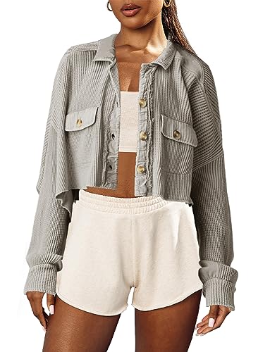 Image of Panadila Women's Cropped Waffle Knit Shacket Short Button Down Jacket Batwing Sleeve Shirts with Pocket