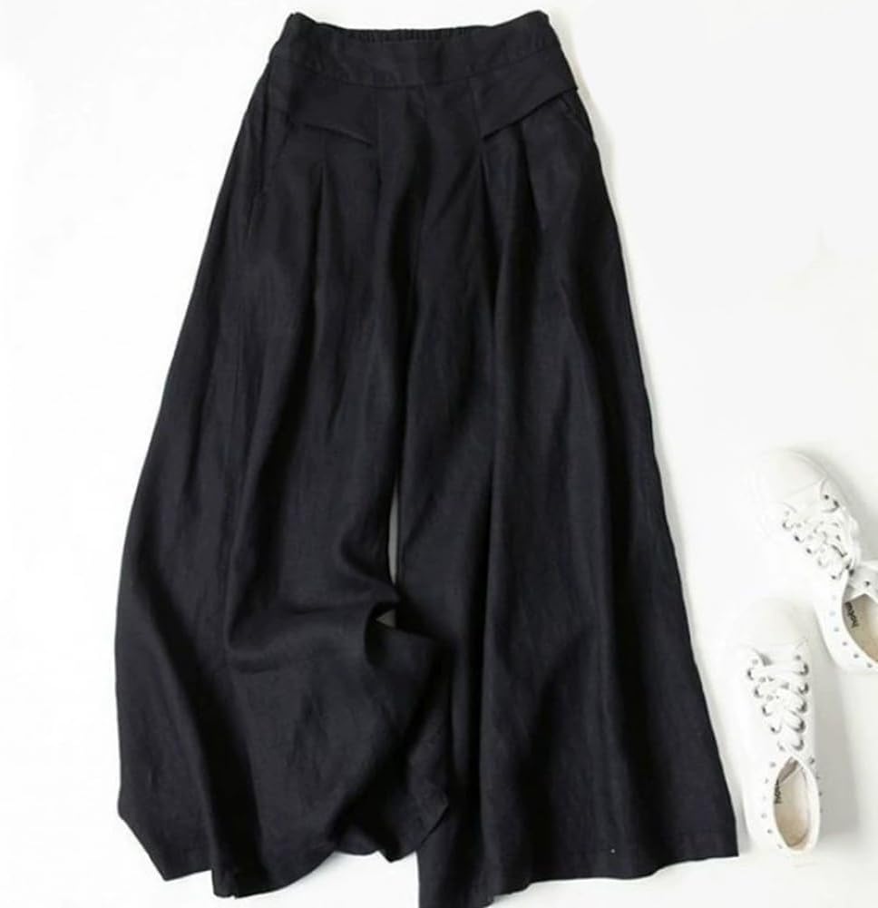 Women Loose Pendant Semi-Elastic High-Waisted Pant Thin Cotton and Linen Wide-Leg Long Pants