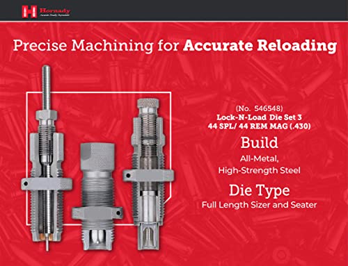 Hornady Custom Grade New Dimension 3-Die Set, 44 SPL/REM MAG(.430) (546548) -Caliber Specific Reloading Equipment for Handloaders with Full Length Sizer Die, Seating Die, Sure-Loc Rings, & Storage Box - Thumbnail 4