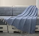 Baumwolldecke blau - 127 x 152 cm weich und warm Plaid dekorative reversibel werfen mit Quaste für Sofa und Couch Decke aus Reiner Baumwolle für Wohn- und Schlafzimmer