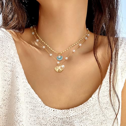 Seashell Necklace Summer Gifts for Women Layered Starfish Necklace Pearl Shell Leaves Beach Charm Necklaces Holiday Birthday Gifts Jewelry Trendy Stuff3