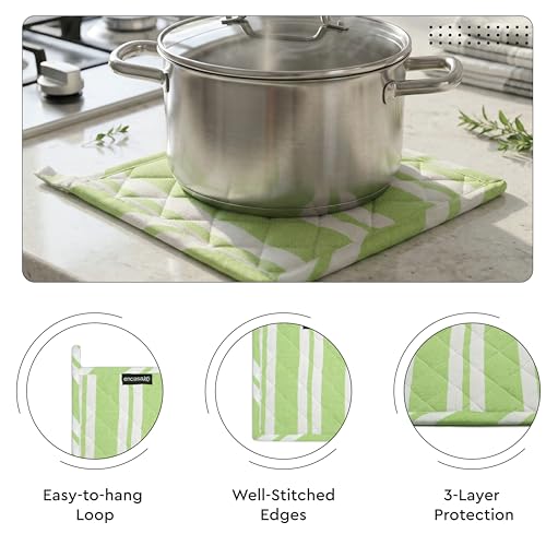 Image of Encasa XO Heat Resistant 100% Cotton Oven Glove & Potholder Set with Loop, Kitchen Cooking Mittens, Microwave Safe Hot Pads (Franca Lime Stripes)