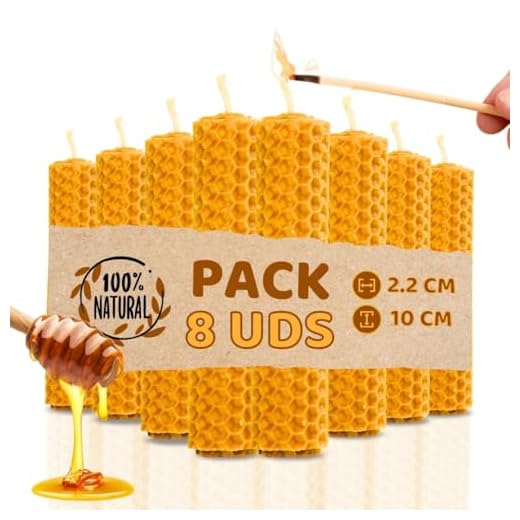 8 PCS - Velas de Miel de Abeja para Rituales 100% Natural Española Cera Pura - Hechas a Mano - Origen España - SIN PARAFINA (Pack de 8, 10 cm x 2 cm aproximadamente)