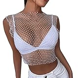 Sexy Strass-Mesh-Tanktops für Frauen, durchsichtiges -Crop-Top Ohrringe Neon Damen T-Shirt Sommer Bluse Damen Kurzarm Sommer