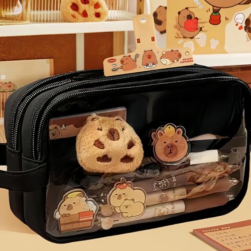 Image of Kawaii Capybara Pencil Case Kit with Plush +Notepad+Pendant+Stickers+Binder clips+Diary Clip+Pens, 5-Layer Large Capacity Capybara Stationery Set Gifts for Office, Makeup. (Black)