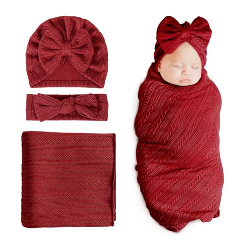 Image of DRESHOW BQUBO Newborn Receiving Blanket Toddler Warm for Girls with Bow Hat and Bow Headband Shower Gift