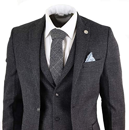 Mens Wool 3 Piece Suit Tweed Charcoal Black Tailored Fit Peaky Blinders Classic - Image 3