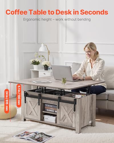Image of VEVOR 39.4 in Farmhouse Lift Top Coffee Table, Rustic Center Table with Barn Door and Hidden Storage Compartment, Modern Rectangle Lifting Tabletop for Living Room, Office, Home, Easy Assembly, Oak
