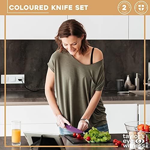 5 Piece Non-Stick Knife Set - by Taylors Eye Witness. Paring, All Purpose, Carving, Bread & Chefs Stainless Steel Knives. A Rainbow of Colourful Sharp Blades, Soft Grip Handles. 2 Year Guarantee.