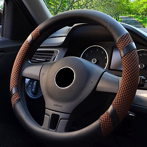 FLKAY-JM Universal Auto Lenkradhülle Lenkrad Abdeckung Anti Rutsch Lenkradbezug aus Mikrofaser-Leder Eis Seide 37-39CM / 15'' Lenkradabdeckung Atmungsaktiv Lenkradschoner für Sommer - Schwarz & Braun