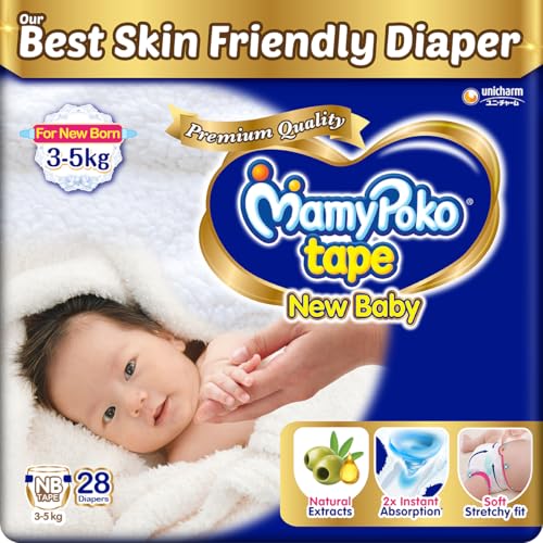 Image of Mamypoko New Baby| Tape Style Baby Diapers, 28 Count, 3-5kg||2x Instant Absorption| Soft stretchy fit |Natural Extracts for Nourishment | Loose Stool Stopper, Wetness Indicator