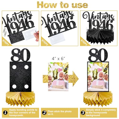 Image of Eucutur 8Pcs 80th Birthday Decorations Honeycomb Centerpieces for Women Men, Black Gold Vintage 1946 80th Bday Photo Table Centerpieces Party Supplies, Glitter Cheers to 80 Year Old Bday Table Topper