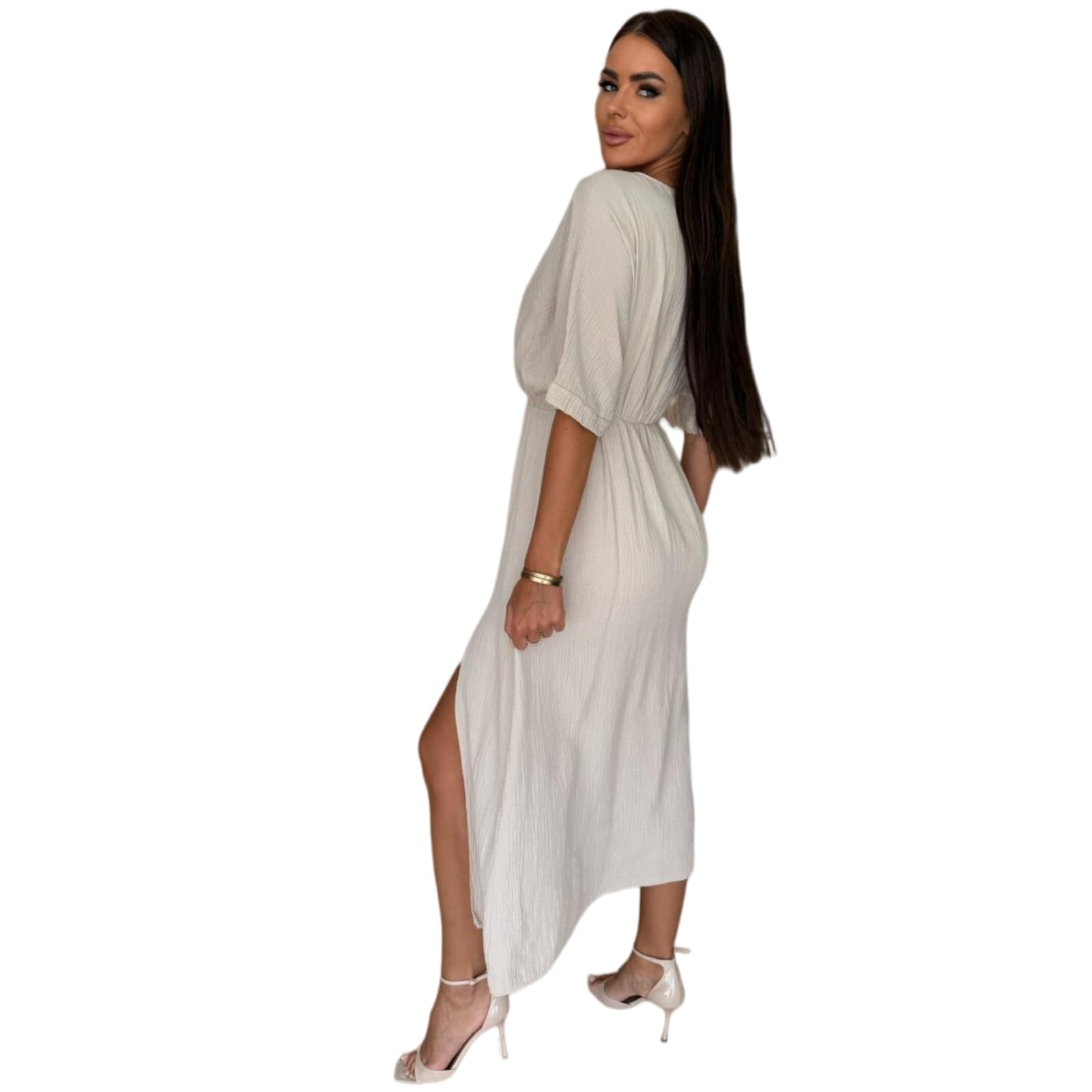Abito Donna Avvolgere V Collo Midi Manica Corta Elastico Casual in Vita, Fessura Laterale Ruggine Textured-Green-l