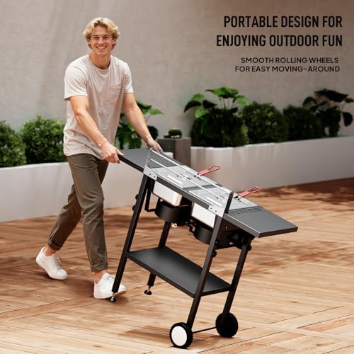 Image of ROVSUN Outdoor Deep Fryer with 8QT & 8QT Stainless Steel Tank & Basket, Portable Propane Gas Fryer with Rolling Cart, Storage Shelves, Lids & Thermometer for Outdoor Backyard Cooking Frying