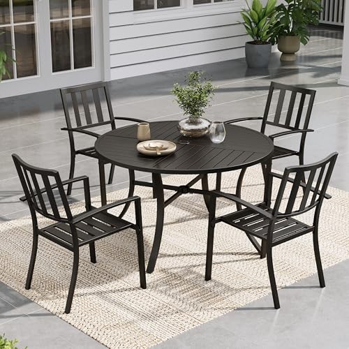 Image of Sophia & William Patio Dining Set, 42 inch Round Steel Table w /Umbrella Hole | Round metal table w / 1.57 inch umbrella hole&4 Black Stacking Metal Chairs for Patio, Deck, Yard, Porch