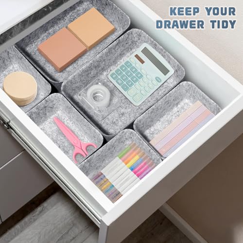 Cinnani 14 Stück Schubladen Organizer Filz, Stapelbare filz Schubladen Ordnungssystem, Schubladen Aufbewahrungsbox für Make-Up Kosmetik Schminktisch Büro Schreibtisch Küche Bad - Hellgrau