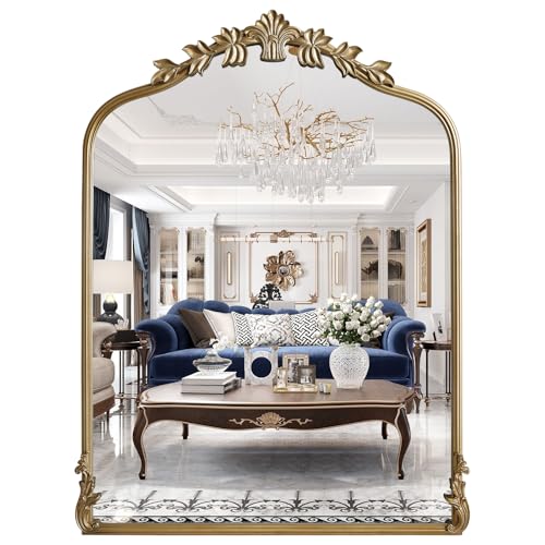 Image of WallBeyond Gold Antique Mirror for Vanity 24x32 Inch, Gold Vintage Mirror with Ornate Frame, Arched Vintage Wall for Bathroom, Living Room, Fireplace