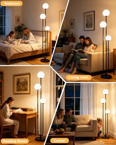 Image of 63IN 3-Light Dimmable Floor Lamp, Unique Black Tall Standing Lamps with 3000K Bulbs for Reading, Mid Century Modern Floor Lamp with 5Lbs Heavy Base for Living Room Bedroom Office