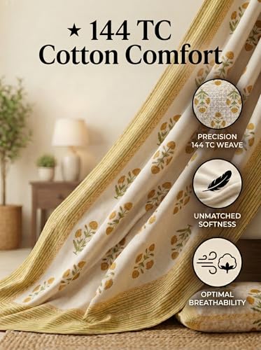 Image of Mafatlal 144 TC Pure 100% Cotton Twin Bed Sheet with Pillow Cover | 90x60 inches | Bedcover for Single Size Bed, Jaipuri Prints | Light Yellow