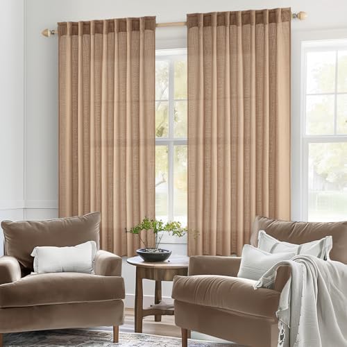 MIULEE Light Brown Short Linen Curtains 45 Inch Length 2 Panels for Kitchen Bedroom Bathroom, Soft Thick Linen Textured Basement Window Drapes Semi Sheer Light Filtering Back Tab Burlap Look Decor