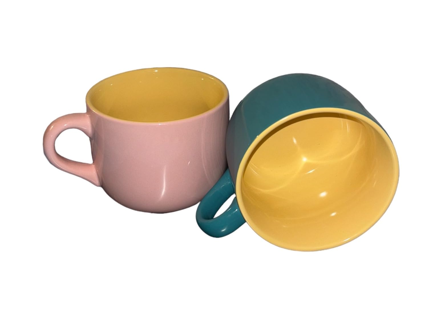 Set de 2 tazones desayuno Tazones De Sopa De Cerámica Taza De Café Grande, Tazas De Sopa Con Asa Apto Para Microondas Y Lavavajillas Para Cereal Postre Ensalada Té Leche de 650ml (rosa-amarillo)