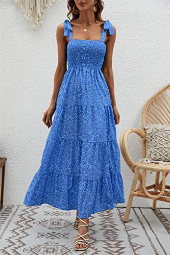 Image of kinstell Women's Summer Boho Spaghetti Strap Square Neck Ruffle Casual Flowy Long Dress Beach Swing Party Maxi Dress