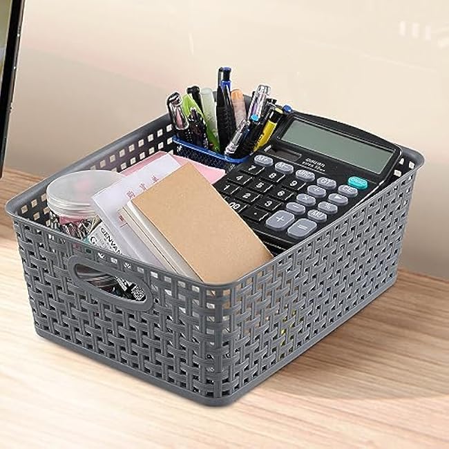 Readsky Plastic Woven Storage Basket with Handle, Gray, 4 Packs