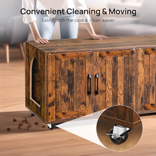 Litter Box Enclosure for 2 Cats, cat Litter Box Enclosure Furniture with Double Rooms, Large Hidden Litter Box Furniture, 47.2”L x 19.7”W x 19.7”H, Wooden, Rustic Brown