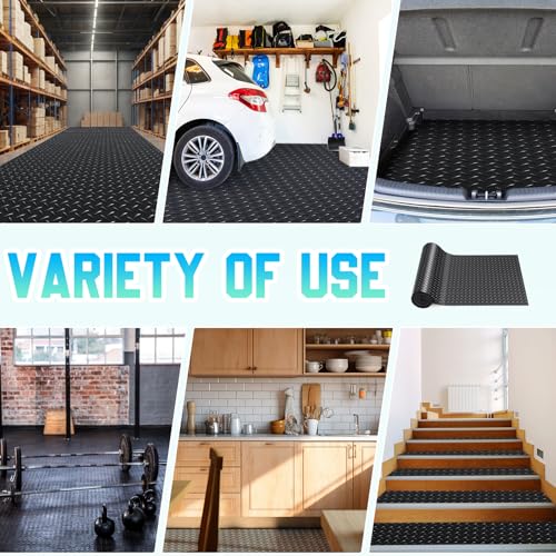 Image of Breling 12 in x 20 ft Rubber Flooring Rolls Mats, Heavy Duty Diamond Plate Garage Floor Mat, PVC Water /Stain Outside Resistant Parking Rv Trailer Flooring (Black)