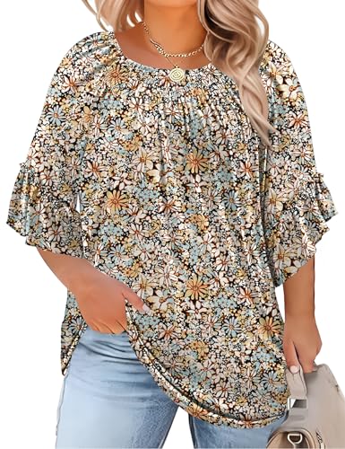 Image of Micoson Womens Plus Size Tops 3 /4 Ruffle Sleeve Crewneck Pleated Shirts