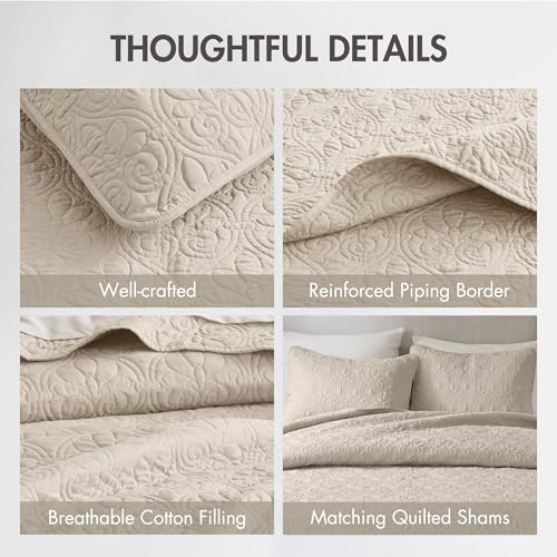 Image of Madison Park Luxurious Cotton Damask Quilt Set, 3PC Full /Queen Bed Set | All Season, Lightweight Stitching Coverlet Bedspread Bedding Stitching with Shams, Cream
