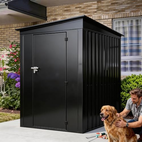 Image of All-Weather Outdoor Storage Shed with Sliding Door & Pent Roof – Durable Steel Garden Utility Tool House for Backyard, Patio, Lawn, Bike, and Equipment Storage (Black, 6x4 FT)