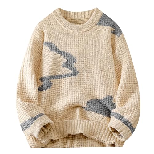 Mens Crewneck Sweater Casual Cable Knit Pullover Sweater Color Block Knitted Sweaters Chunky Cozy Slouchy Sweaters