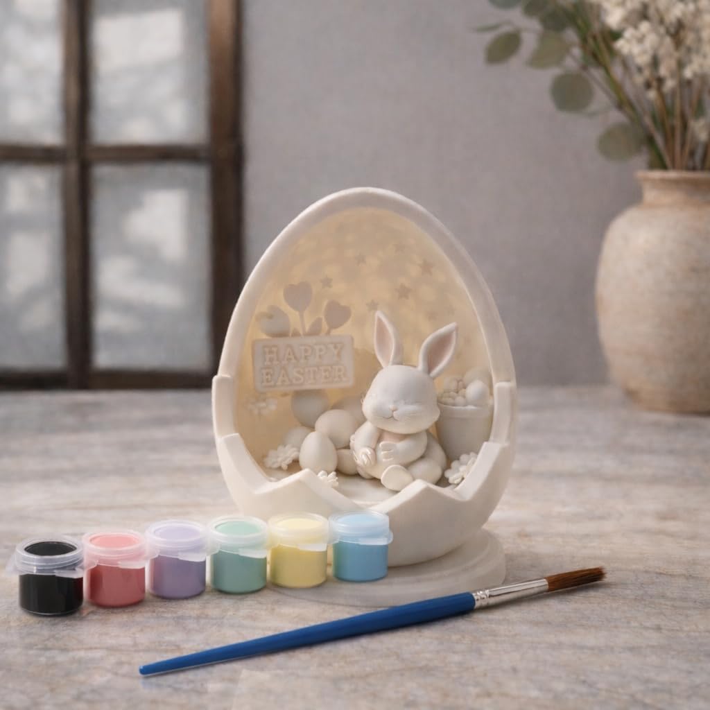 DorDor & GorGor Easter Bunny Egg Painting Kit – DIY Easter Craft Set with Bunny Egg Figurine, 6 Acrylic Paint Colors & Brush, Easter Basket Stuffer, Easter Activity & Holiday Table Decoration