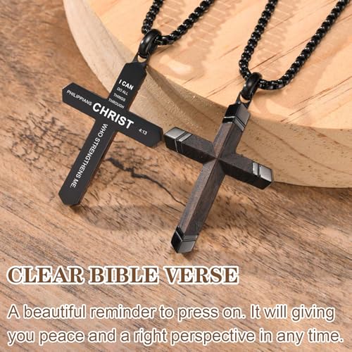 Wooden Cross Bible Verse Necklace for Men, Hawaiian Handmade Real Black Ebony Wood Cross Pendant Stainless Steel Chain, Mens Cross Necklaces Koa Wood Jewelry Christian Baptism Easter Gifts4