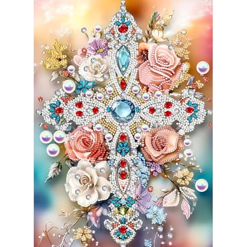 MXJSUA Diamond Painting Kits for Adults, 5D Special Shape Diamond Art Kits, Crystal Rhinestones Diamond Gem Art Painting for Home Wall Decoration 30x40 cm, Cross Flower